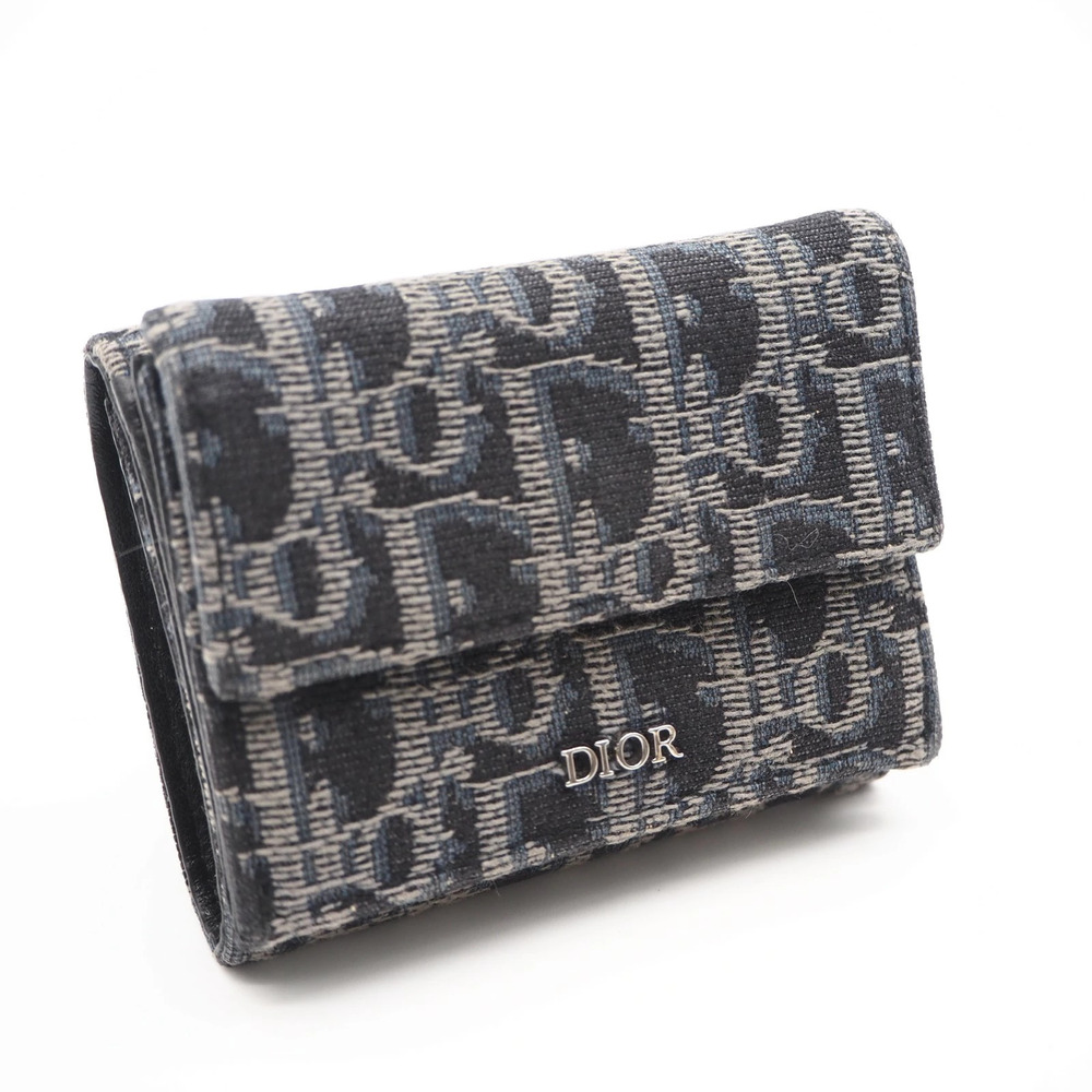 Christian Dior Oblique Canvas Compact Wallet Trifold Multicolor Leather Black